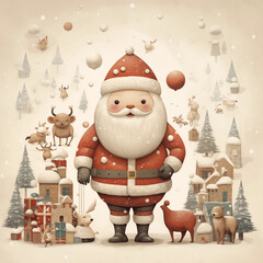 Adorable illustrations of Santa Claus, reindeer, snowmen, elves, and other festive characters.