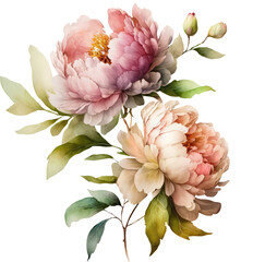 Watercolor realistic illusrtation of a white peony flower head isolated 