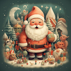 Adorable illustrations of Santa Claus, reindeer, snowmen, elves, and other festive characters.