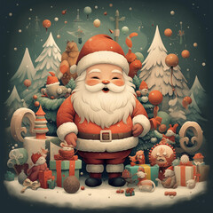 Adorable illustrations of Santa Claus, reindeer, snowmen, elves, and other festive characters.