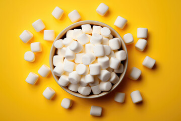 White marshmallows in a bowl and scattered on the yellow background