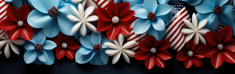 Concept of celebrating America's Independence Day on July 4th. Top view flat image of a banner made of paper flowers in the colors of the national flag - Powered by Adobe