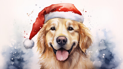 Watercolor painting of happy golden retriever dog wearing Santa hat for christmas festival. - obrazy, fototapety, plakaty