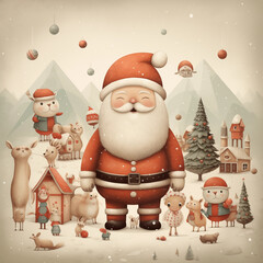 Adorable illustrations of Santa Claus, reindeer, snowmen, elves, and other festive characters.