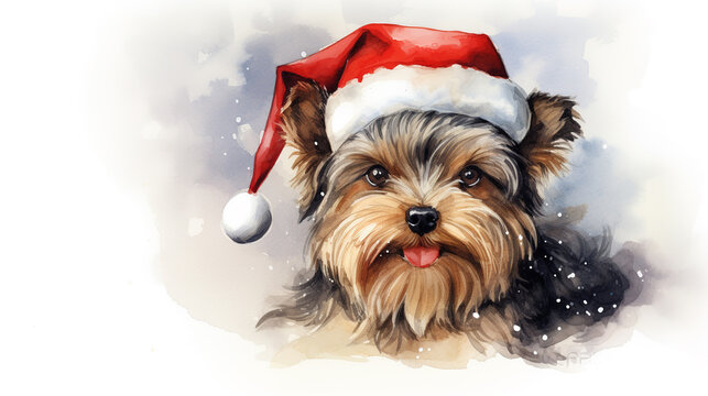 Watercolor painting of happy yorkshire terrier dog wearing Santa hat for christmas festival.
