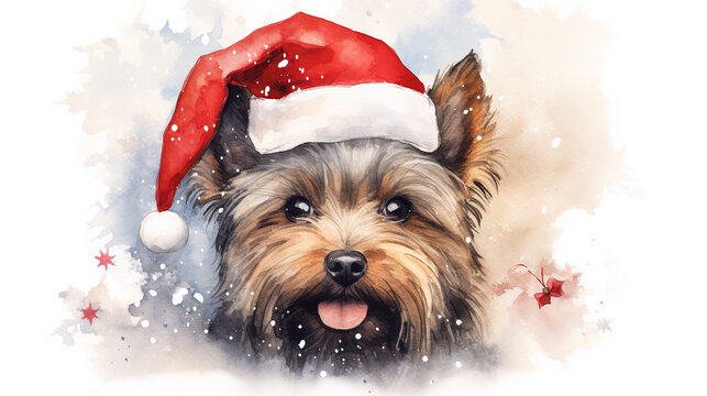 Watercolor painting of happy yorkshire terrier dog wearing Santa hat for christmas festival.