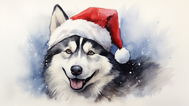 Watercolor painting of happy siberian husky dog wearing Santa hat for christmas festival.