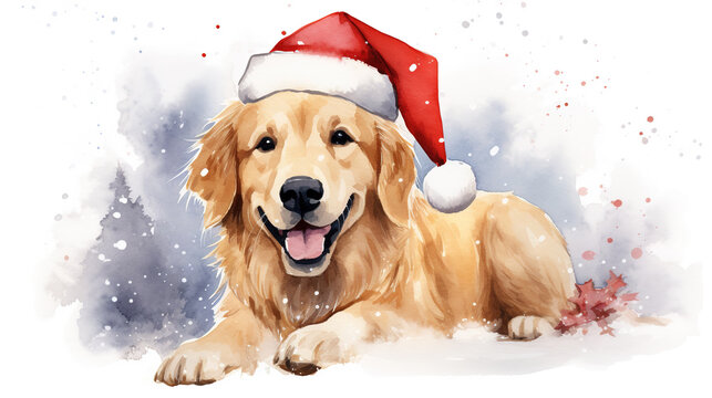 Watercolor painting of happy golden retriever dog wearing Santa hat for christmas festival.