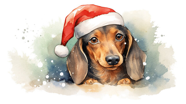 Watercolor painting of happy dachshund dog wearing Santa hat for christmas festival.