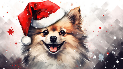 Happy pomeranian dog or puppy wearing Santa hat for christmas festival. Mixed grunge colorful pop art style illustration. - obrazy, fototapety, plakaty