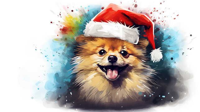 Happy pomeranian dog or puppy wearing Santa hat for christmas festival. Mixed grunge colorful pop art style illustration.