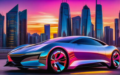 Modern fashionable car on the background of a big city. Mirror image. AI