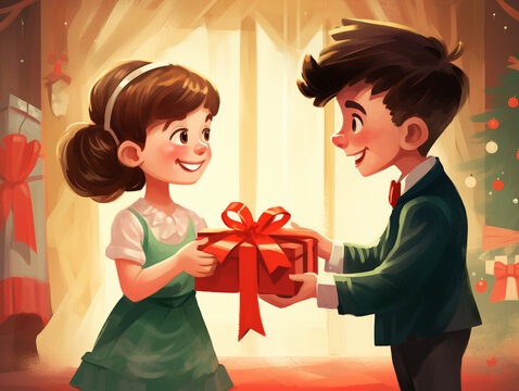 An Illustration Of A Child Shyly Presenting A Gift To A Crush During A Holiday School Party