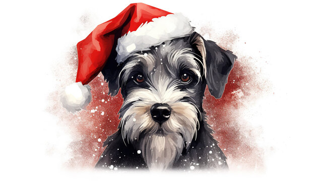 Happy schnauzer dog or puppy wearing Santa hat for christmas festival. Mixed grunge colorful pop art style illustration.