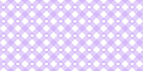 Gingham heart diagonal seamless pattern in purple pastel color. Vichy plaid design for Easter holiday textile decorative. Vector checkered pattern for fabric - picnic blanket, tablecloth, dress