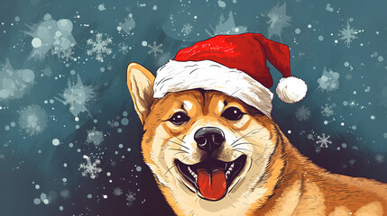 Happy shiba dog or puppy wearing Santa hat for christmas festival. Mixed grunge colorful pop art style illustration.