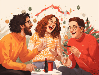 An Illustration Of A Group Of Friends At A White Elephant Gift Exchange Reacting To The Hilarious Presents - obrazy, fototapety, plakaty