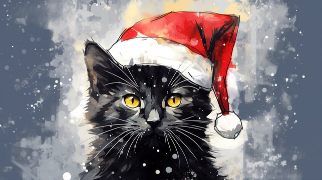 Happy black kitten or black cat wearing Santa hat for christmas festival. Mixed grunge colorful pop art style illustration.