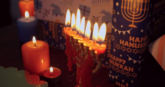 Hanukkah Table Set Decoration in the dark with Menorah candles