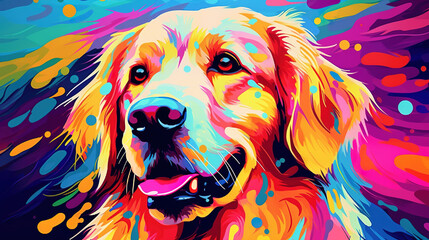 Illustration of Golden Retriever dog in abstract mixed grunge colorful pop art style.