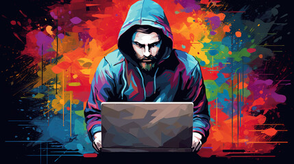 Illustration of hacker working on laptop. abstract mixed grunge colorful pop art style.