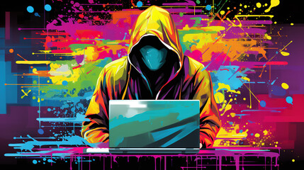 Illustration of hacker working on laptop. abstract mixed grunge colorful pop art style.
