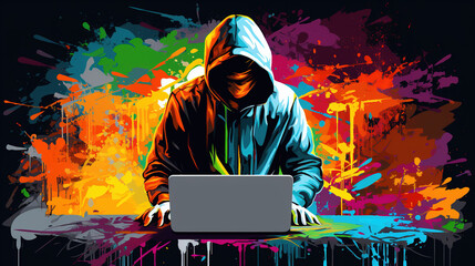 Illustration of hacker working on laptop. abstract mixed grunge colorful pop art style. - obrazy, fototapety, plakaty