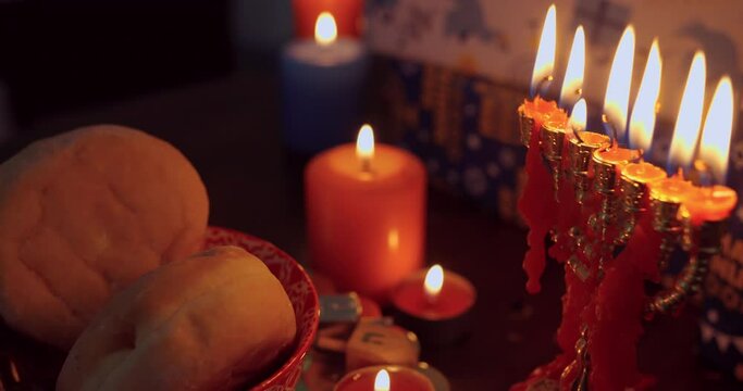 Hanukkah Table Set Decoration in the dark with Menorah candles