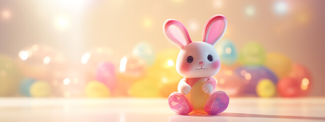 Obraz na płótnie Canvas Hase als Spielzeug aus Plastik in bunten Farben mit softem Hintergrund