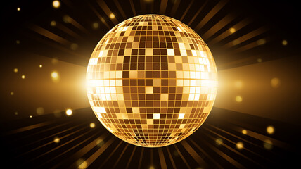 Obraz premium goldene Discokugel mit Lichtern und Lichteffekten und mit Platz für Text. Querformat. Generative Ai.