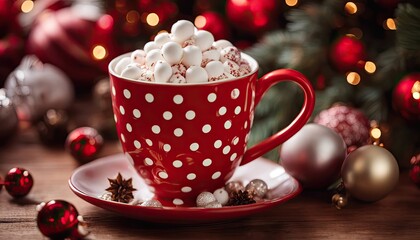 red cup of hot cocoa with christmas decorations and ornaments - obrazy, fototapety, plakaty