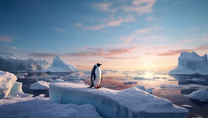 Foto op Plexiglas A penguin stands on a glacier and admires the sea, high glaciers in winter natural conditions. © PHdJ