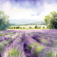 Lavender fields landscape and small house on hill, watercolor illustration of lavender farm. Calm painted scenery in purple colors, natural floral production