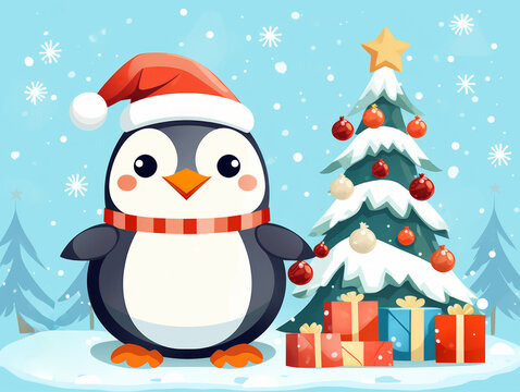 Cute cartoon penguin with Santa cap and presents