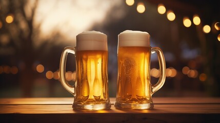 Two beer mugs, bathed in soft light. Conversations fill the air as bokeh effects blur the rustic backdrop. Cozy and lively, with a high-angle perspective