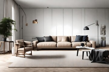 A living room with minimalist forniture with a storm inside