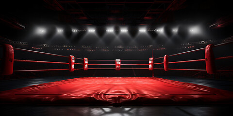 Boxing Room, Wrestling Background, Professional boxing arena in lights with chair, Boxing ring with illumination by spotlights, A boxing ring with a ring in the center and a light,  generative Ai  - obrazy, fototapety, plakaty