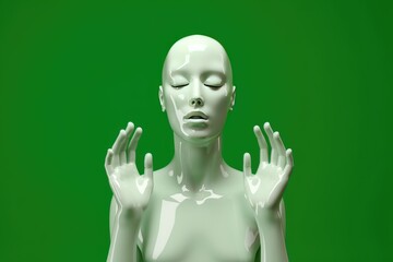 Mannequin head on white background with extended hands, set against a vibrant green backdrop. Hyper-realistic with intricate details and quirky characters
