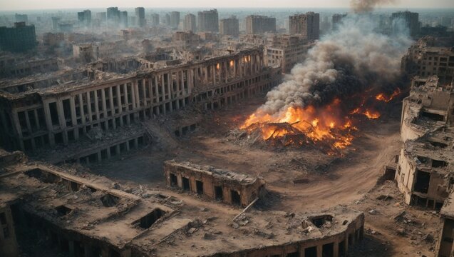 bird's-eye view of smoking ruins of deserted destroyed houses in megapolis from bombs or earthquake