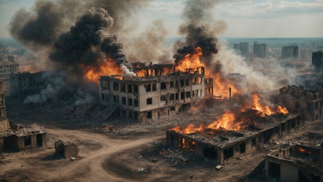 bird's-eye view of burning ruins of deserted destroyed houses in megapolis from bombs or earthquake