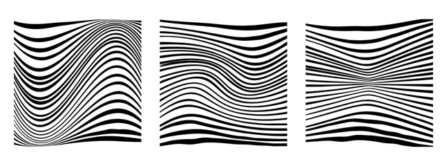 Set of square backgrounds with abstract wavy lines. Psychedelic optical illusions