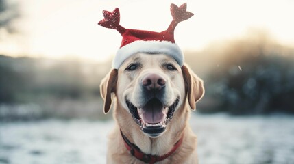AI illustration of an adorable labrador wearing a festive reindeer antler hat - obrazy, fototapety, plakaty