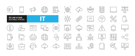 Set of 50 Information Technology line icons set. Information Technology outline icons with editable stroke collection. Includes Devices, Website, Cloud Computing, Connections, Link Building, and More. - obrazy, fototapety, plakaty