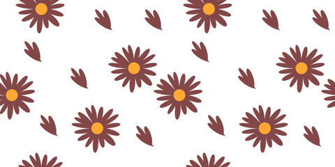 Fototapeta na wymiar Seamless pattern with daisy flower hand-drawn plants, simple small flowers. Flowers Branches and Leaves Repeating Seamless pattern hand-drawn with tropical leaves. floral seamless pattern with leaves