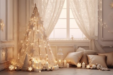 interior of a bedroom, christmas tree with christmas decorations