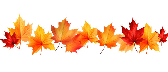 Falling autumn golden, red and orange leaves isolated on transparent background, PNG image with background removed, created with Generative Ai technology.