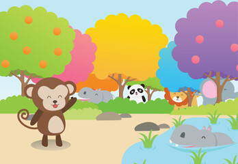 Obraz na płótnie Canvas Animal zoo monkey panda lion hippopotamus in the forest