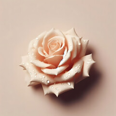 Beautiful cream color rose with water drops on beige background, Valentine gift, top view, generative ai
