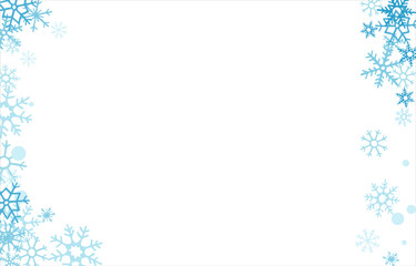 Square winter snow frame with blue snowflakes on a white background. Festive Christmas banner, New Year card. Symbols of frosty winter. Vector illustration.