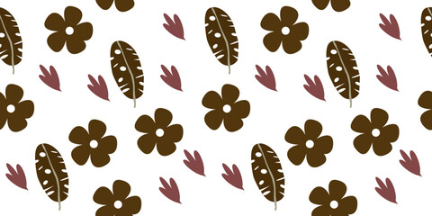 Seamless pattern with daisy flower hand-drawn plants, simple small flowers. Flowers Branches and Leaves Repeating Seamless pattern hand-drawn with tropical leaves. floral seamless pattern with leaves